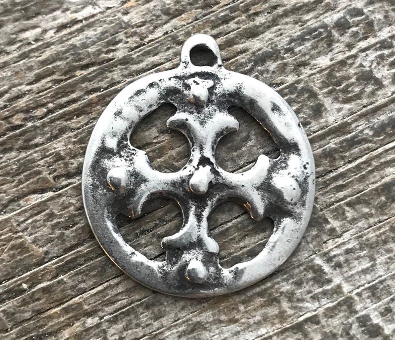 Ancient Circle Cross Charm, Cross Coin Token, Silver Religious Cross, Antiqued Silver Charm, Christian Jewelry Making Supplies, PW-6055 image 3