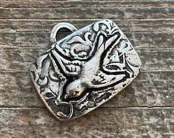 Bird Pendant, Antiqued Silver Rectangle Nature Charm for Jewelry Making, PW-6117