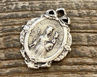 French Mary Medal with Bow, Notre Dame of Lapeyrouse, Silver Religious Jewelry Charm Pendant, SL-6101