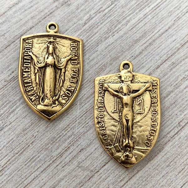 Virgin Mary Medal, Cross Pendant, Crucifix Shield, Antiqued Gold Rosary Parts, Catholic Religious Jewelry Supply, GL-6079