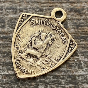 St. Christopher, Catholic Medal, Antiqued Gold Pendant, Triangle Medallion, Religious Charm Jewelry, Protect Us, Key Chain, GL-6104