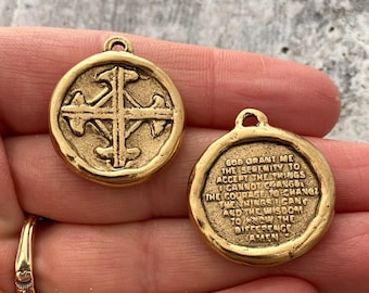 Soldered Serenity Prayer Coin, Pocket Cross Charm, Sobriety Token, Antiqued Gold Religious Christian Men's Jewelry, GL-6090