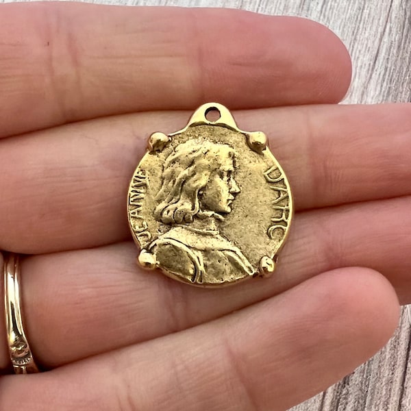 Small Joan of Arc Medal with Frame, Antiqued Gold Charm Pendant, Catholic Jewelry Supplies, GL-6224