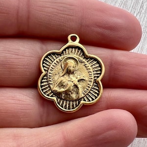 St. Teresa Catholic Vintage Medal, Religious Charm, St. Therese de Lisieux, Antiqued Gold, St. Theresa Jewelry, GL-6244