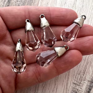 Small Chandelier Crystal Prism Drop Charm, Rounded Clear with Silver Pewter Bead Cap, Jewelry Making Artisan Findings, PW-6425
