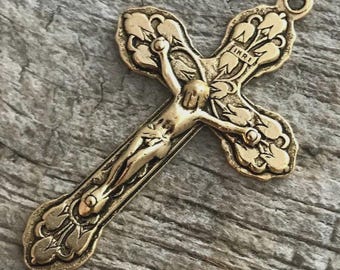 Large Crucifix, Large Cross Pendant, Antique Gold Crucifix, Gold Rosary Parts, Floral Cross, Catholic Religious Jewelry Supply, GL-6036