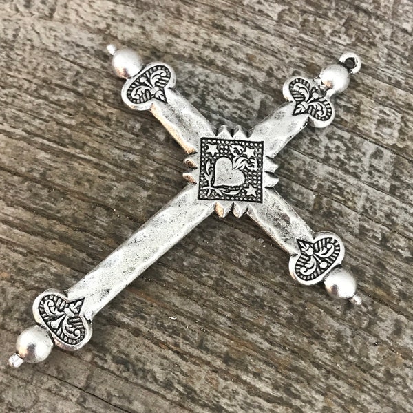 Sacred Heart Cross, French Jeannette Cross, Floral Cross Pendant, Silver Cross, Catholic Rosary Parts, Religious Jewelry Supply, SL-6045