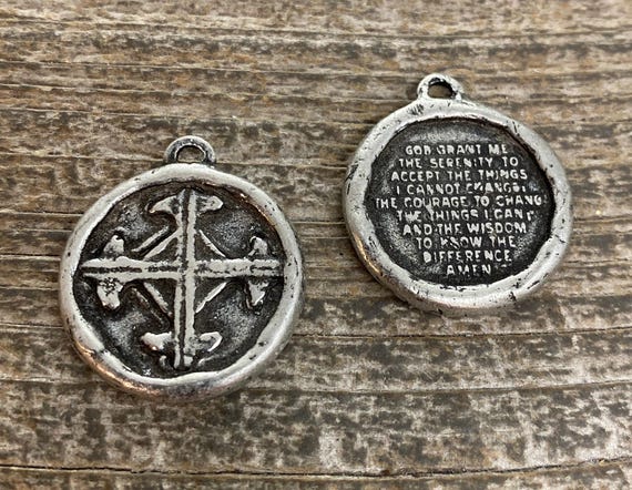Soldered Serenity Prayer Coin, Pocket Cross Charm, Sobriety Token, Antiqued Silver Religious Christian Men's Jewelry, PW-6090