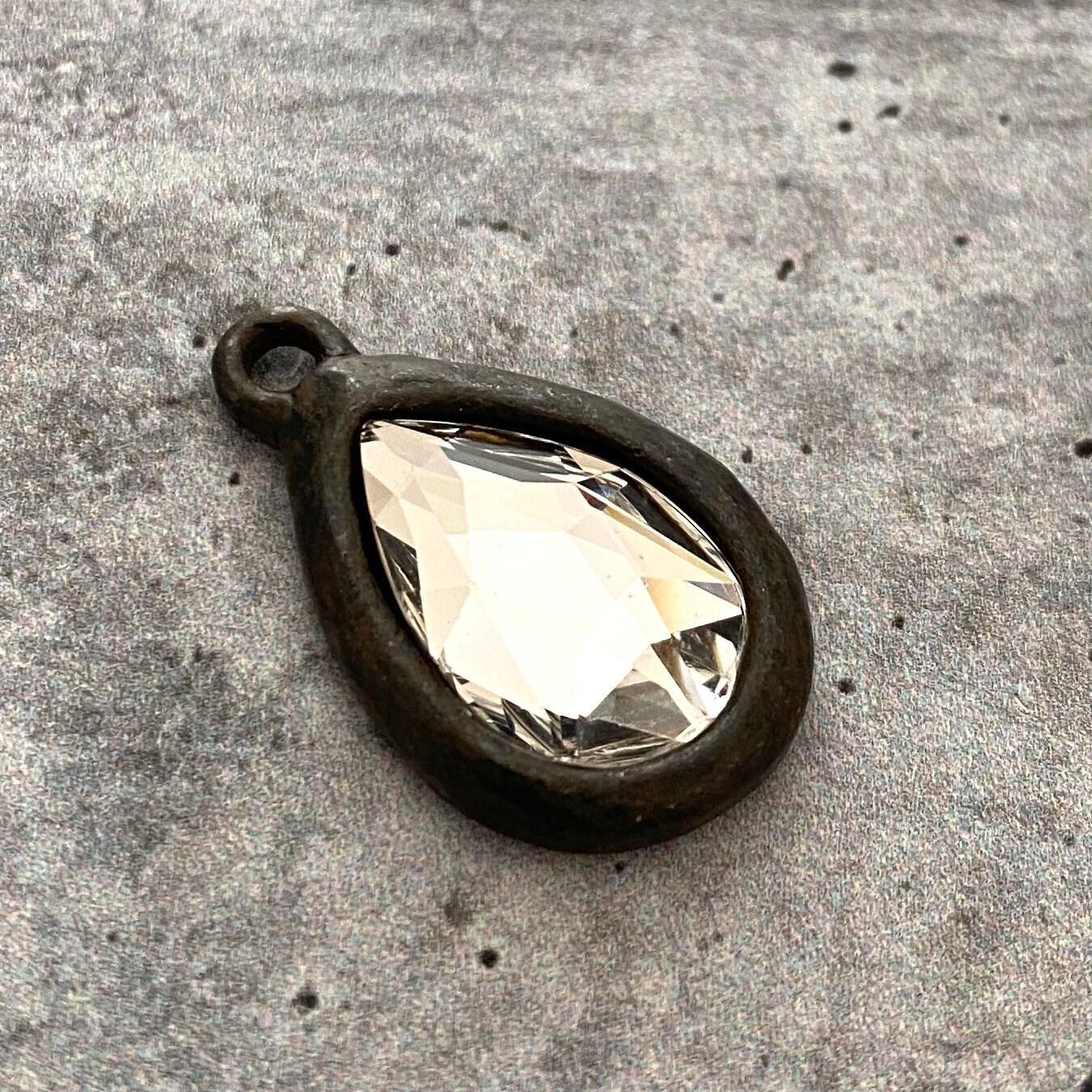 Swarovski Crystal Clear Pear Charm, Rustic Brown Rhinestone Pendant 2303, Jewelry Making Artisan Findings, BR-S018