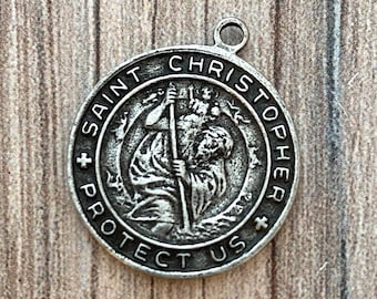 St. Christopher Catholic Medal, Silver Pendant, Medallion, Religious Charm Jewelry, Protect Us, PW-6093