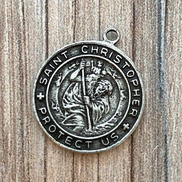 St. Christopher Catholic Medal, Silver Pendant, Medallion, Religious Charm Jewelry, Protect Us, PW-6093