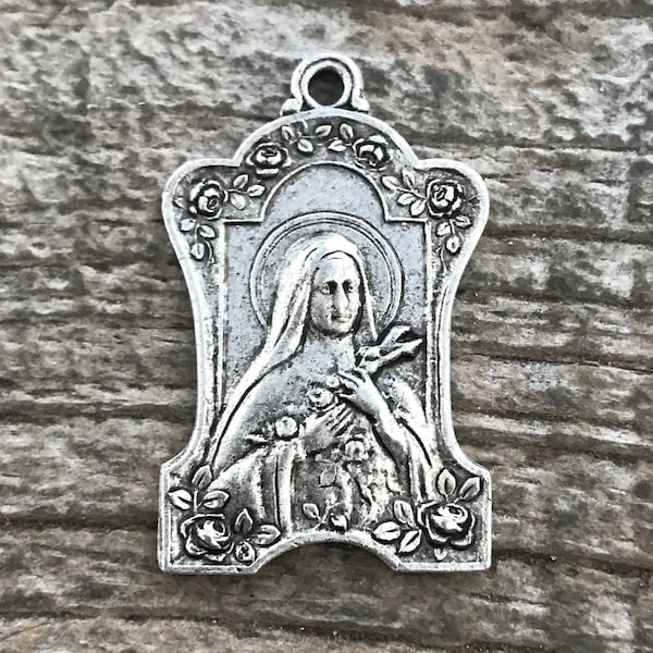 St. Theresa, The Little Flower, St. Teresa, Silver Catholic Medal, Religious Jewelry Making Charm, Rosary Charm, Lisieux, SL-6099