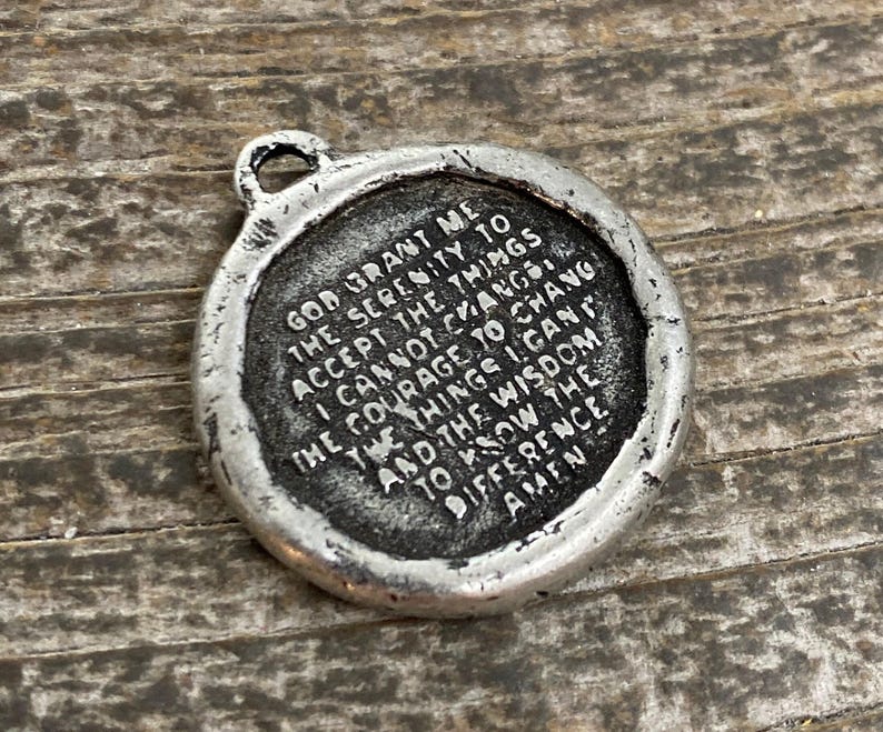 Soldered Serenity Prayer Coin, Pocket Cross Charm, Sobriety Token, Antiqued Silver Religious Christian Men's Jewelry, PW-6090 image 4