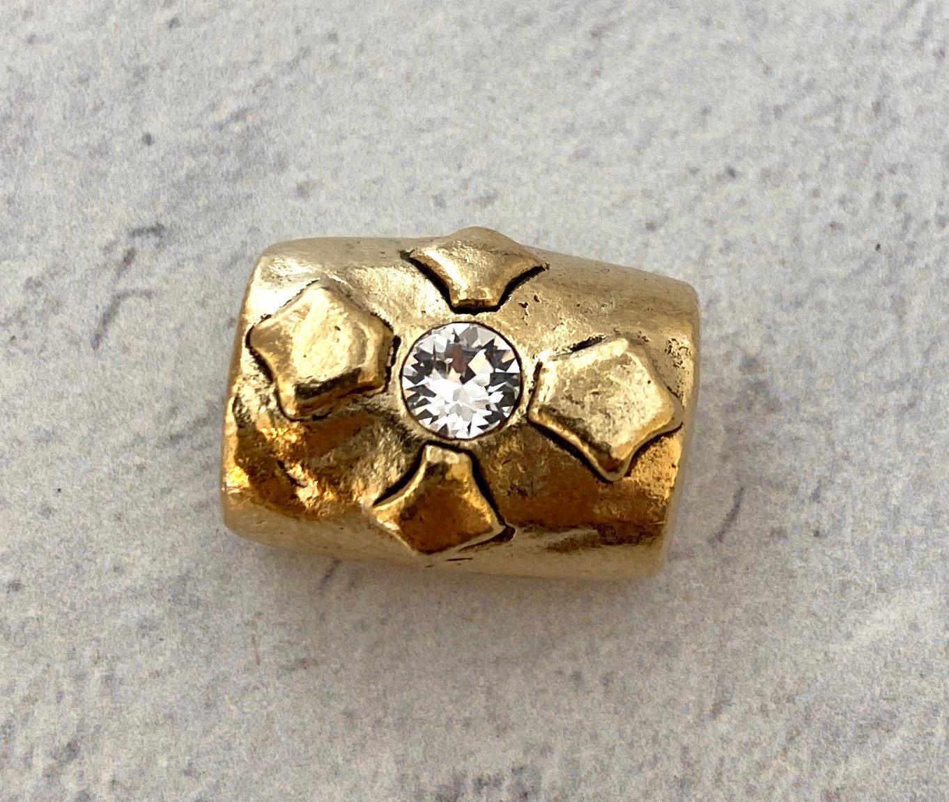 Large Artisan Barrel Bead with Swarovski Crystal Rhinsetone, Antiqued Gold Cross Flower Slider Jewelry Components, Supplies, GL-6116