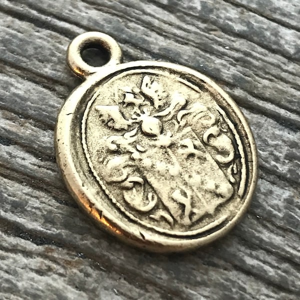 Wax Seal Charm, Armorial Wax Seal, Family Crest Pendant, Antiqued Gold Charm, NEW GL-6054