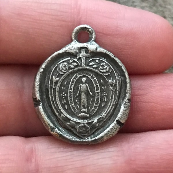 Wax Seal Mary Heart Medal, Catholic Religious Pendant, Blessed Mother, Antiqued Silver Charm, Religious Jewelry, PW-6053