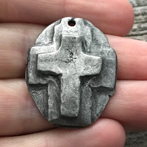 Hammered Artisan Oval Cross Pendant, Antiqued Silver Cross, Leather Pendant, Religious Jewelry, Cross Charm, PW-6080 image 1