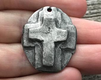 Hammered Artisan Oval Cross Pendant, Antiqued Silver Cross, Leather Pendant, Religious Jewelry, Cross Charm, PW-6080