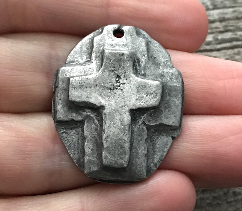 Hammered Artisan Oval Cross Pendant, Antiqued Silver Cross, Leather Pendant, Religious Jewelry, Cross Charm, PW-6080 image 1