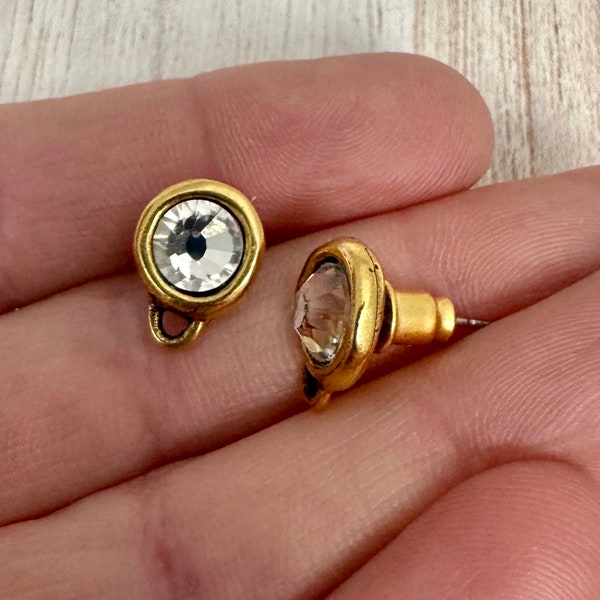 Pair of Rhinestone Crystal Studs, Antiqued Gold Earrings, Jewelry Making Artisan Findings, GL-6289