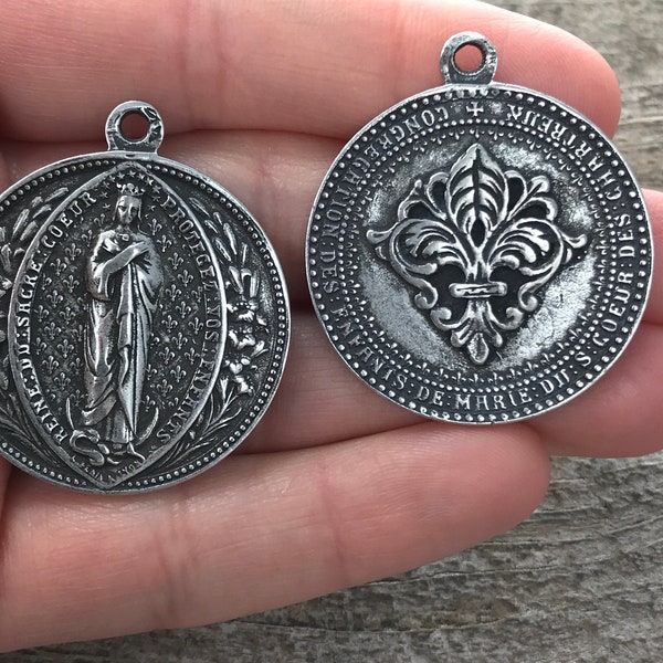 Mary Medal, Sacre Couer Pendant, Sacred Heart Pendant, Silver Pendant, Fleur de Lis, Rosary, Catholic Pendant, Christian Jewelry PW-6042