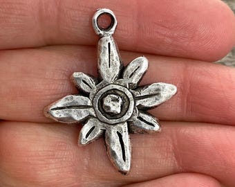 Hammered Flower Charm, Antiqued Silver Pendant for Jewelry, SL-6086