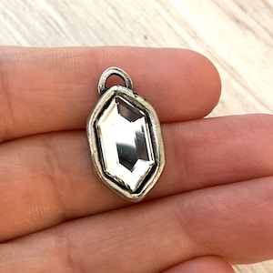 Swarovski Crystal Clear Hexagon Charm, Antiqued Silver Rhinestone Pendant, Jewelry Making Artisan Findings, PW-S013