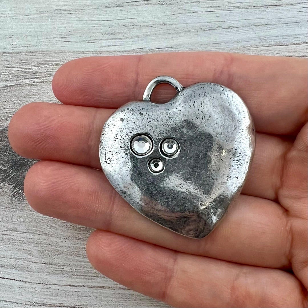 Silver Rhinestone Heart Large Silver Rhinestone Heart Pendant, Vintage Smooth Crystal Heart ...