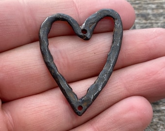 Hammered Heart Connector Pendant, Antiqued Rustic Brown Charm, BR-6089