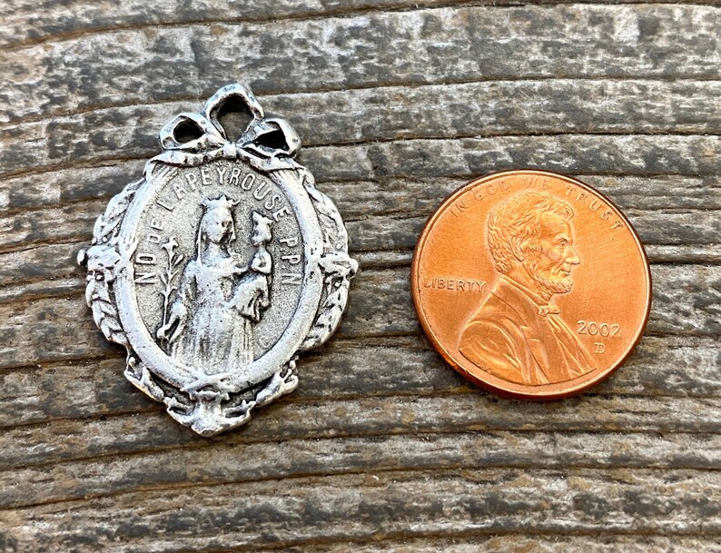 French Mary Medal With Bow, Notre Dame of Lapeyrouse, Silver Religious ...