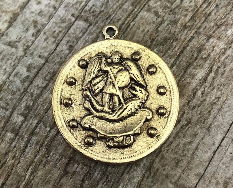 St Michael Catholic Medal Antique Gold Pendant Archangel 50