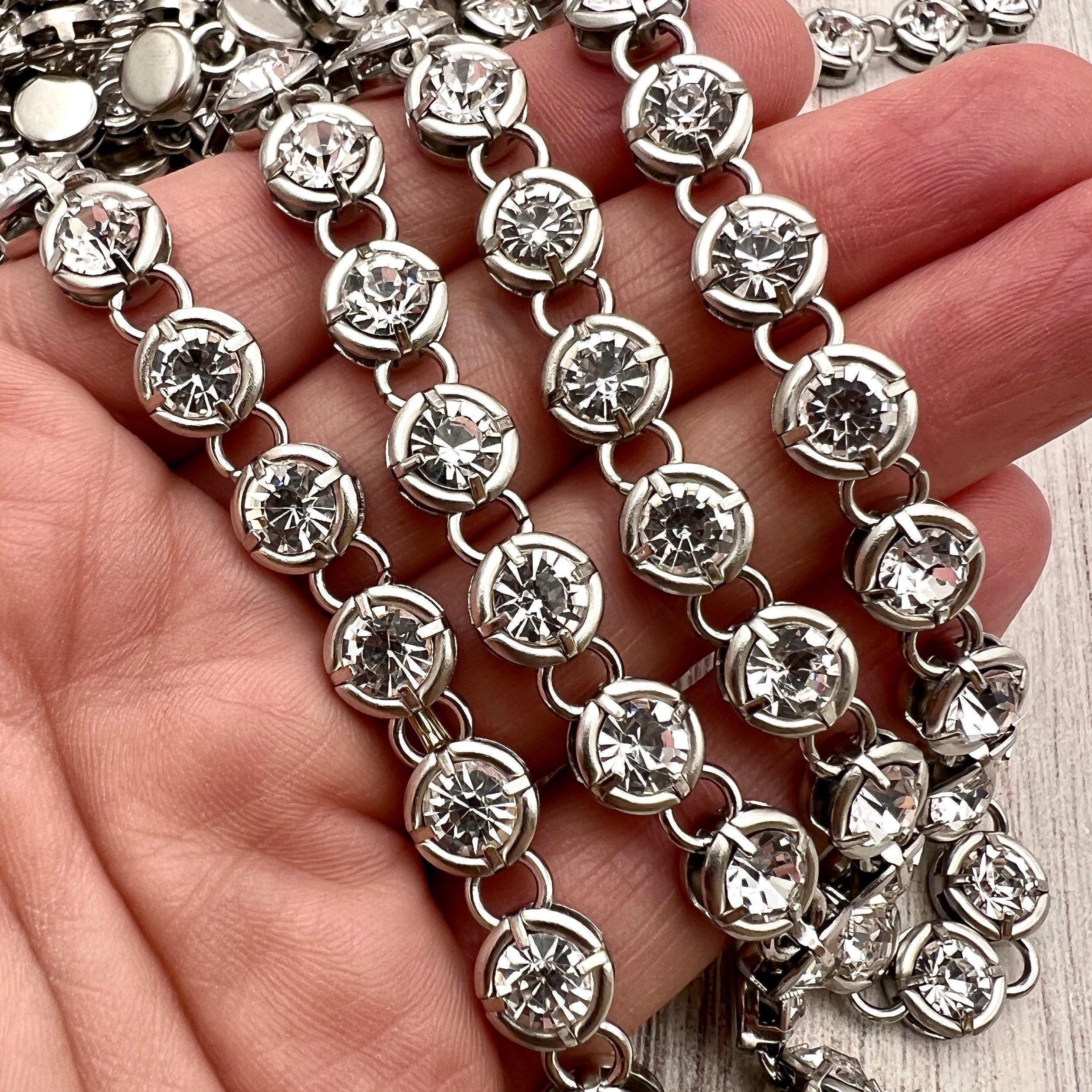 Silver Tone Crystal Link 36” Chain adjustable Belt  with crystal cubes Vintage Silver Tone grey and black crystals Multi Chain Belt  main image 4