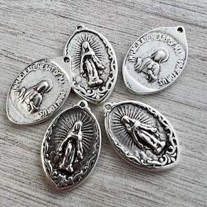 Mary Medal with Rays, Virgin Mary, Antiqued Silver Religious Jewelry Making Charm Pendant, Blessed Mother, Catholic Jewelry, SL-6255