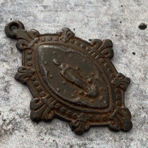 French Mary Medal, Fleur de Lis Pendant, Antiqued Rustic Brown Charm, Catholic Religious Christian Jewelry, BR-6081