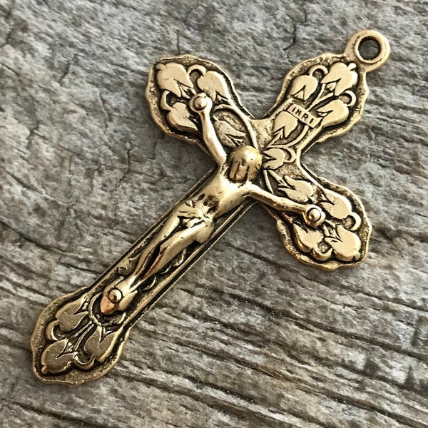 Large Crucifix, Large Cross Pendant, Antique Gold Crucifix, Gold Rosary Parts, Floral Cross, Catholic Religious Jewelry Supply, GL-6036