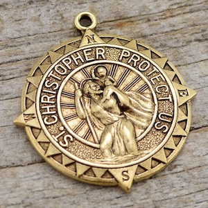 St. Christopher, Catholic Medal, Antique Gold Pendant, Medallion, Religious Charm, Compass, Saint, Religious, Protect Us, Key Chain, GL-6118