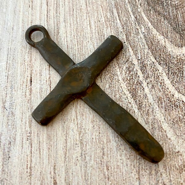 Artisan Hammered Cross Pendant, Rustic Brown Religious Jewelry Supplies, BR-6109