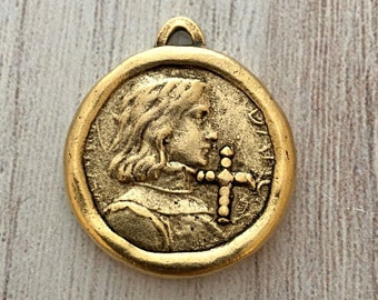 Soldered Joan of Arc Medal, Antiqued Gold Charm Pendant, Brave Woman, Saint of Soldiers, Religious Catholic Jewelry Supplies, GL-6098