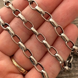 Large Silver Chain, Flat Rounded Link Rectangle Antiqued Silver Chain by the Foot, Jewelry Supplies, PW-2026