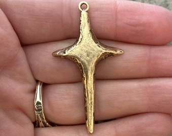 Skinny Star Cross Pendant Charm, Antiqued Gold Cross for Jewelry Making Supplies, GL-6085