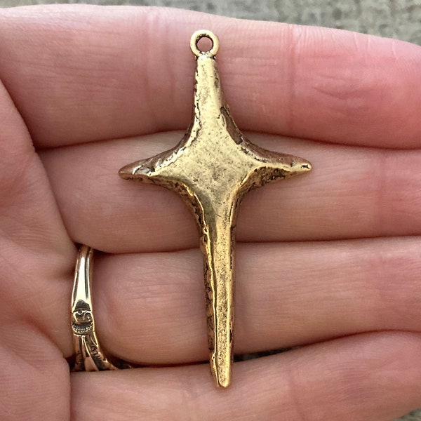 Skinny Star Cross Pendant Charm, Antiqued Gold Cross for Jewelry Making Supplies, GL-6085