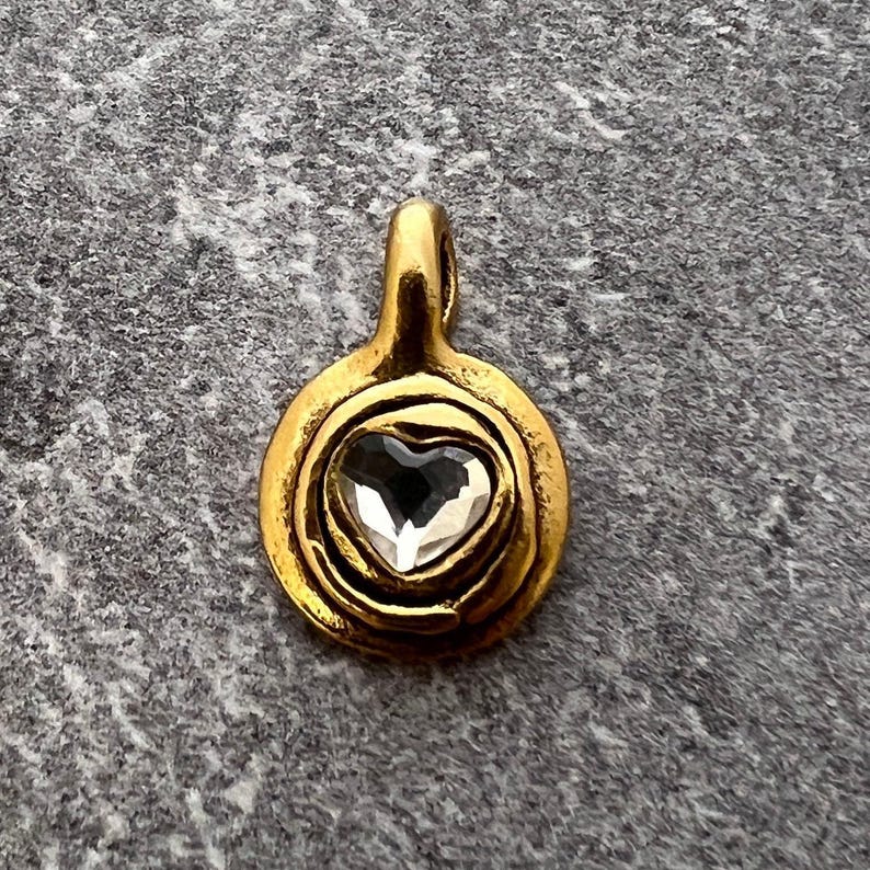 Small Heart Crystal Rhinestone Charm, Antiqued Gold Artisan Pendant for Jewelry, GL-6432 image 4