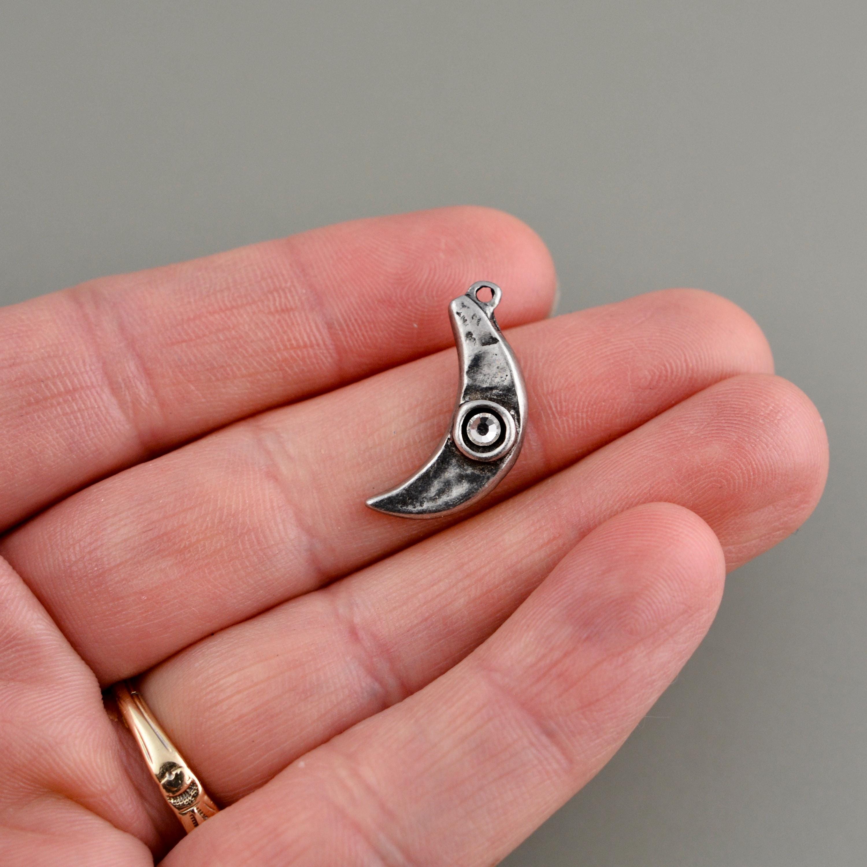 Small Textured Crescent Moon Crystal Rhinestone Pendant, Silver