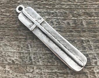 Large Silver Cross Pendant, Long Skinny Modern Bar Rectangle Cross, Antiqued Silver Cross for Jewelry Making Supplies, SL-6136