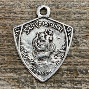 St. Christopher, Catholic Medal, Antiqued Silver Pendant, Triangle Medallion, Religious Charm Jewelry, Protect Us, Key Chain, PW-6104