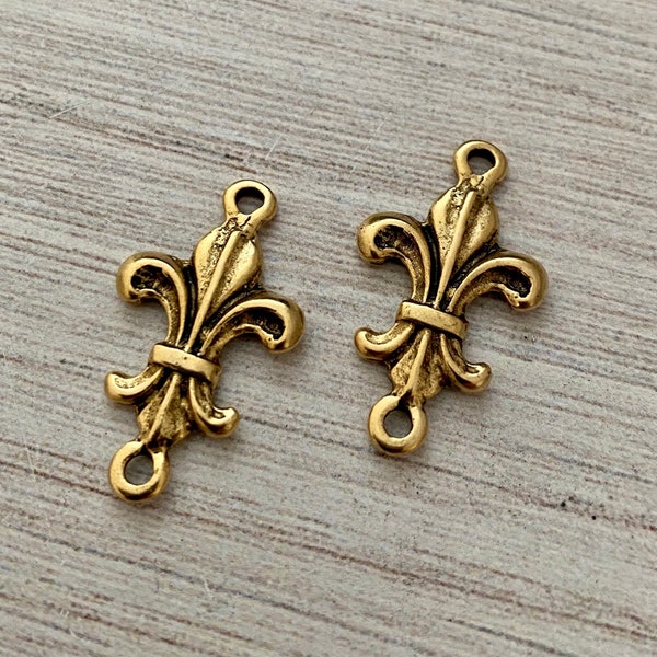 2 Fleur de lis Connector, French Charm, Antiqued Gold Paris Jewelry Findings, GL-6154