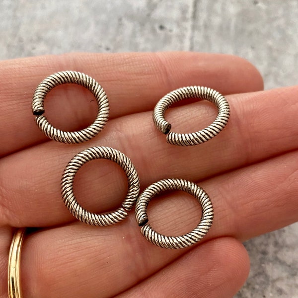 14mm Extra Large Silver Jump Rings, Thick Textured Antiqued Silver Connectors, Brass Links, 4 Rings Jewelry Supply PW-3006