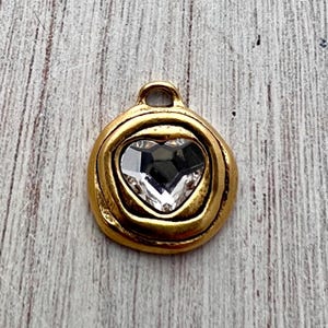 Heart Crystal Rhinestone Charm, Antiqued Gold Artisan Pendant for Jewelry, GL-6430 image 5