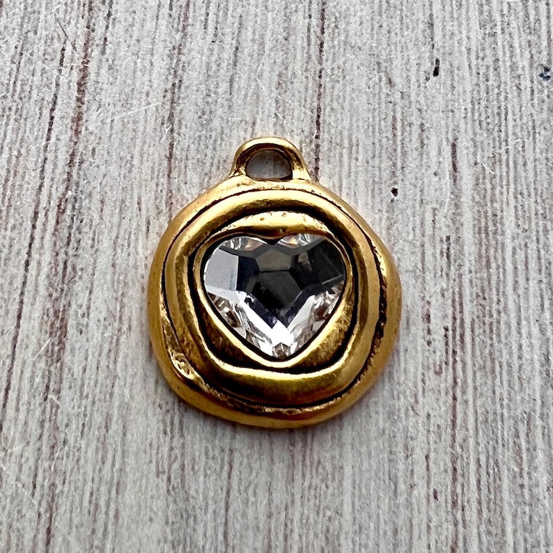 Heart Crystal Rhinestone Charm, Antiqued Gold Artisan Pendant for Jewelry, GL-6430 image 5