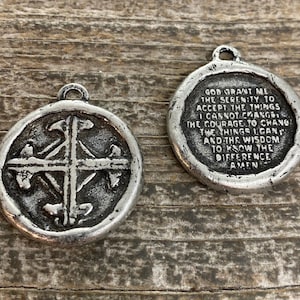 Soldered Serenity Prayer Coin, Pocket Cross Charm, Sobriety Token, Antiqued Silver Religious Christian Men's Jewelry, PW-6090 image 1